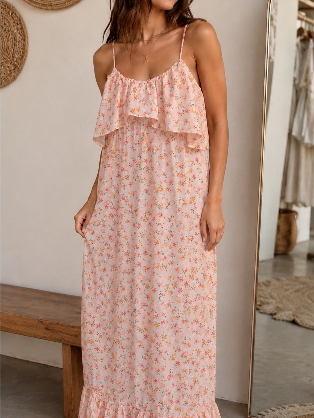 H&M Peach Floral Ruffle Maxi Dress